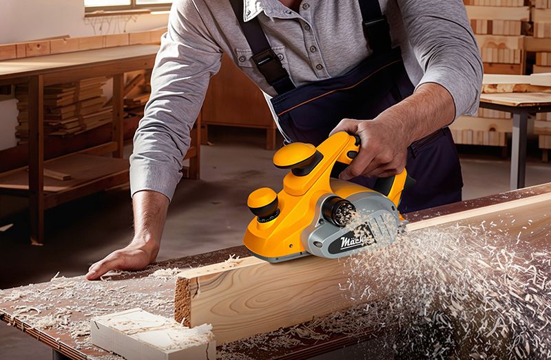 Майстер працює електричним рубанком
