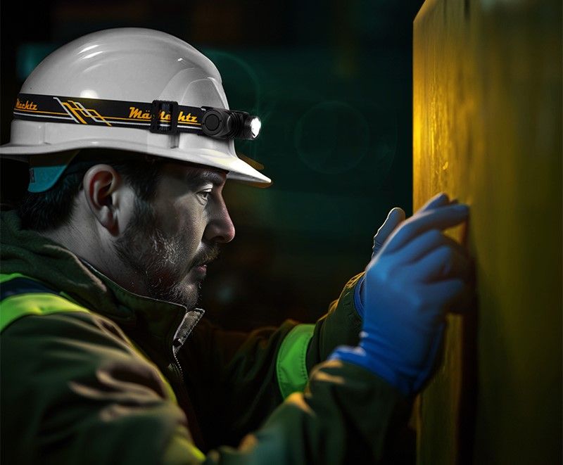 Робітник у касці з налобним ліхтарем