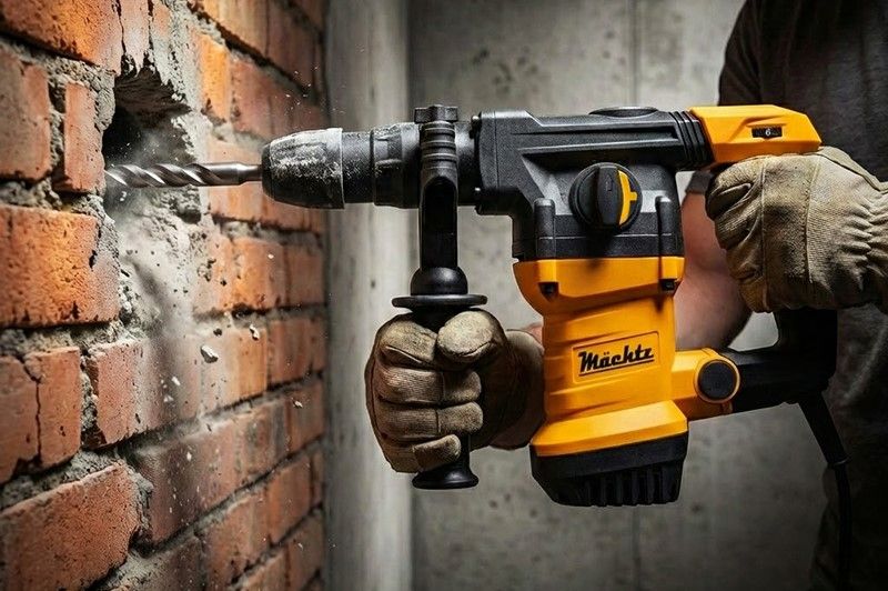 Строитель сверлит стену перфоратором