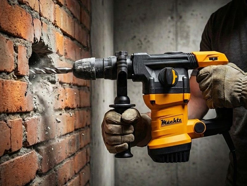 Строитель сверлит бетонный пол перфоратором Mächtz